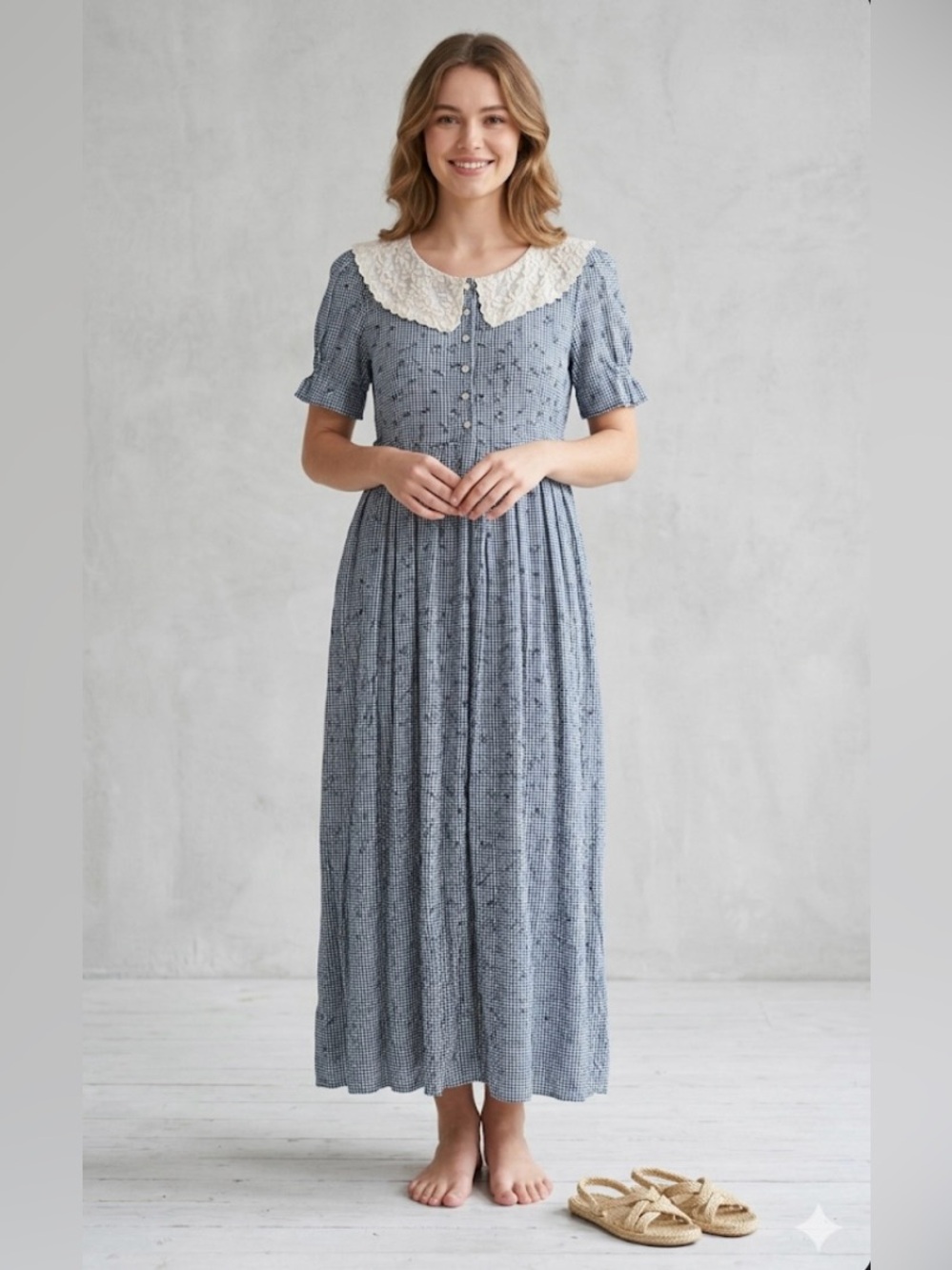 Vintage ‘90’s Handmade Gingham Floral Maxi Dress Pearl Eyelet Collar Small